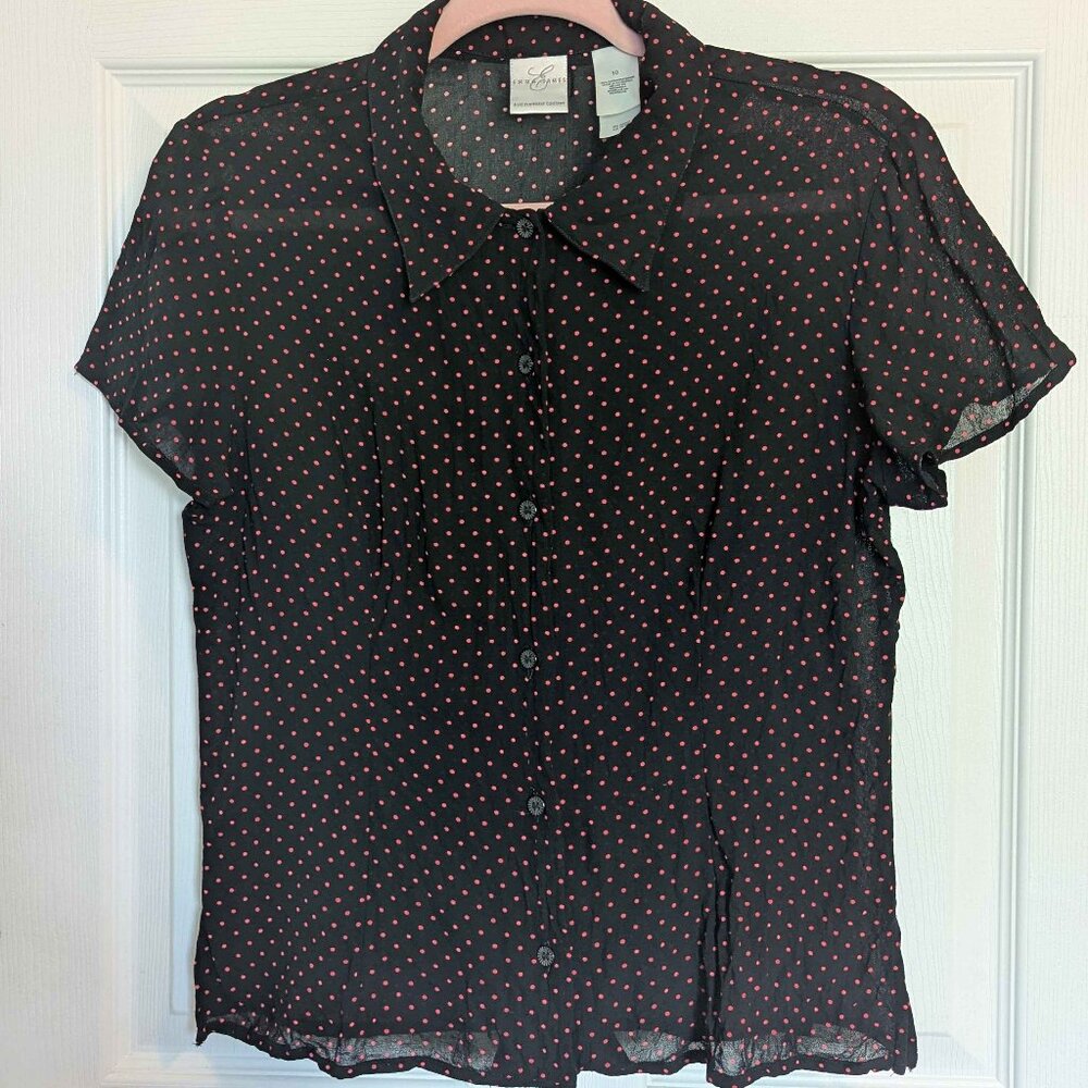 Emma James Women's Blouse Size 10 Black w/ Hot Pink Polka-Dots